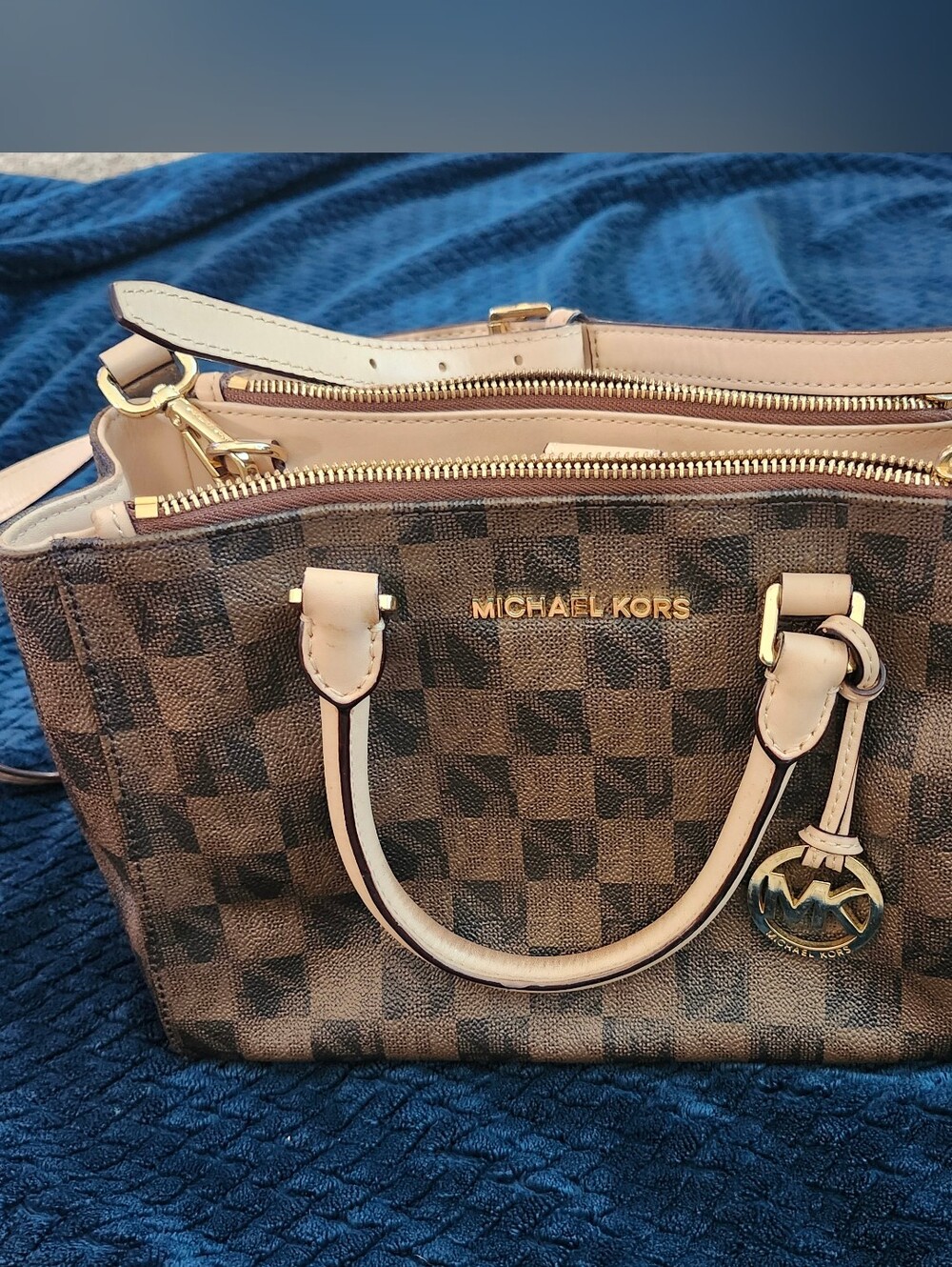 Michael Kors Sutton Checkerboard Satchel in brown and black PVC with tan leather